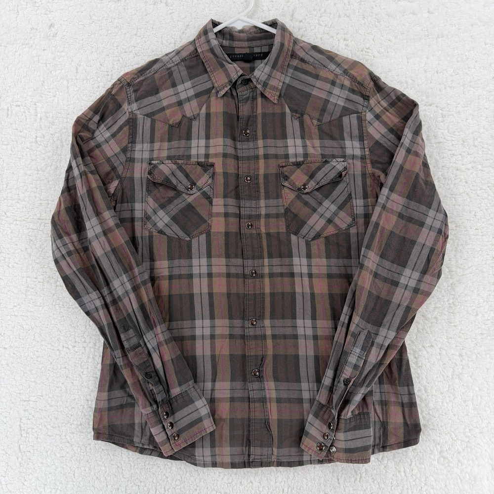 Standard Cloth Shirt Mens Medium Brown Gray Plaid Western Snap‎ Front Cotton